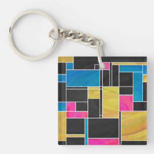 Mondriaan Blauw Roze Zwart afdrukken Sleutelhanger