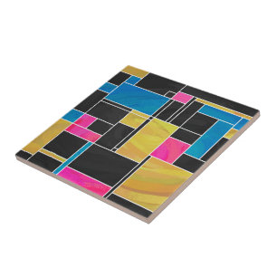 Mondriaan Blauw Roze Zwarte Druk Tegeltje