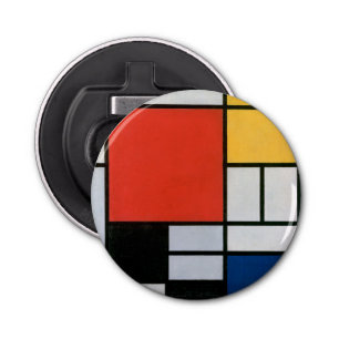 Mondriaan Compositie Rood Geel Blauw Zwart Button Flesopener