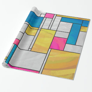 Mondriaan Geel Roze Blauw Afdrukken Cadeaupapier