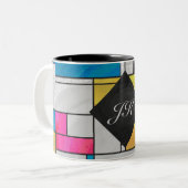 Mondriaan Geel Roze Blauw Afdrukken Tweekleurige Koffiemok (Voorkant links)
