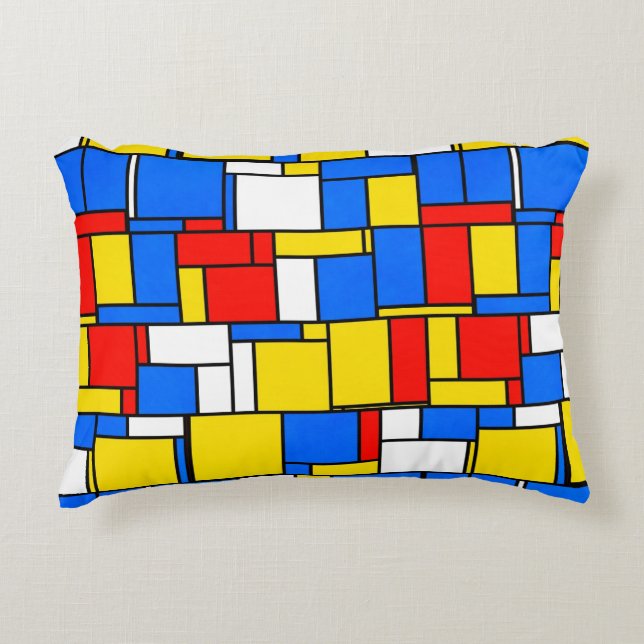 Mondriaan geïnspireerd Stijl Rood Blauw Geel Patro Accent Kussen (Voorkant)