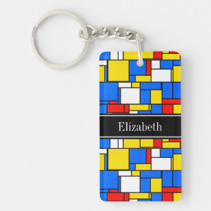 Mondriaan Style Red Blue Yellow Black Monogram Sleutelhanger