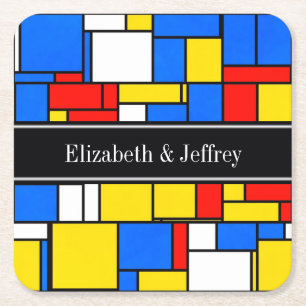 Mondriaan Style Red Blue Yellow Black Monogram Vierkante Kartonnen Onderzetter