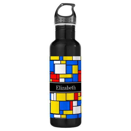 Mondriaan Style Red Blue Yellow Black Monogram Waterfles (Voorkant)