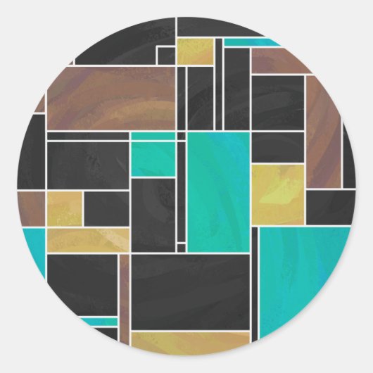 Mondrian Blauwgroen Brown Black Print Ronde Sticker (Voorkant)
