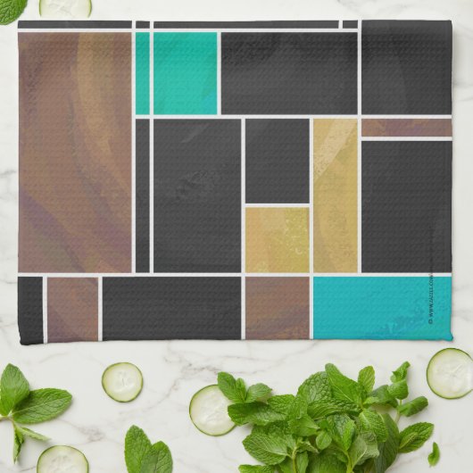 Mondrian Blauwgroen Brown Black Print Theedoek (Gevouwen)