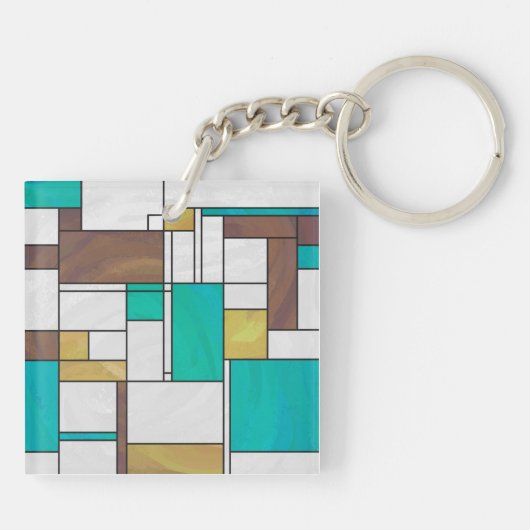 Mondrian Brown Yellow Blauwgroen Print Sleutelhanger (Achterkant)