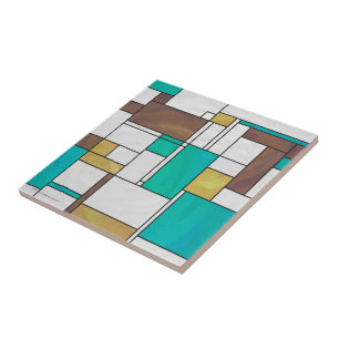Mondrian Brown Yellow Blauwgroen Print Tegeltje