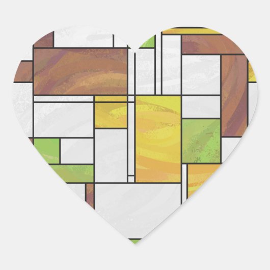 Mondrian Brown Yellow Green Print Hart Sticker (Voorkant)