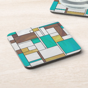 Mondrian Bruin Geel Teal Print Drankjes Onderzetter