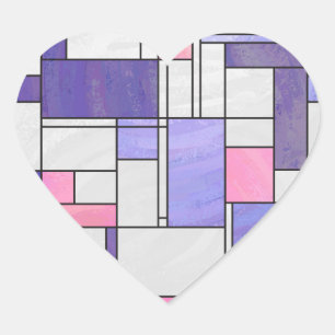 Mondrian Pink Paars White Print Hart Sticker