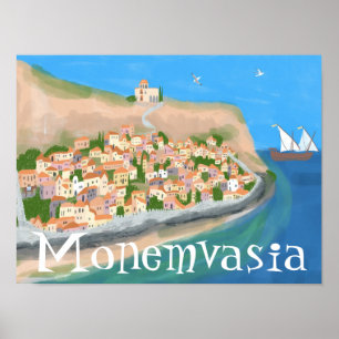 MONEMVASIA GRIEKENLAND Eiland Art Travel Illustrat Poster