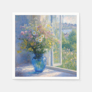 Monet boeket wilde bloemen in blauwe vaas servet