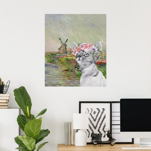 Monet Champ Tulipes en Fancy kat Poster (Thuiskantoor)