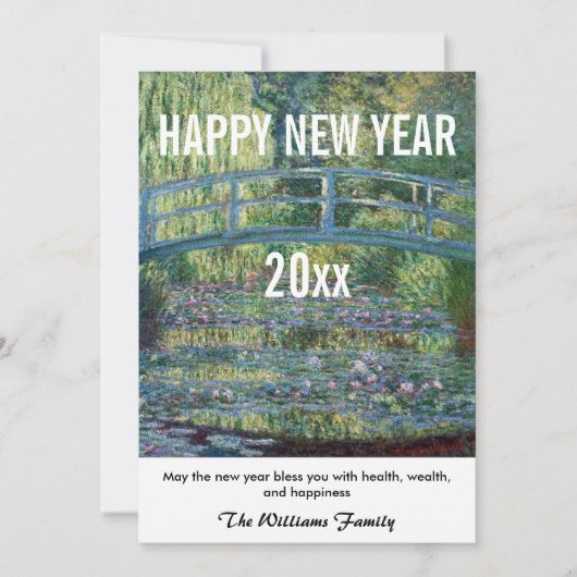 Monet - Gelukkig nieuwjaar en waterlelies vijver Feestdagenkaart (Voorkant)