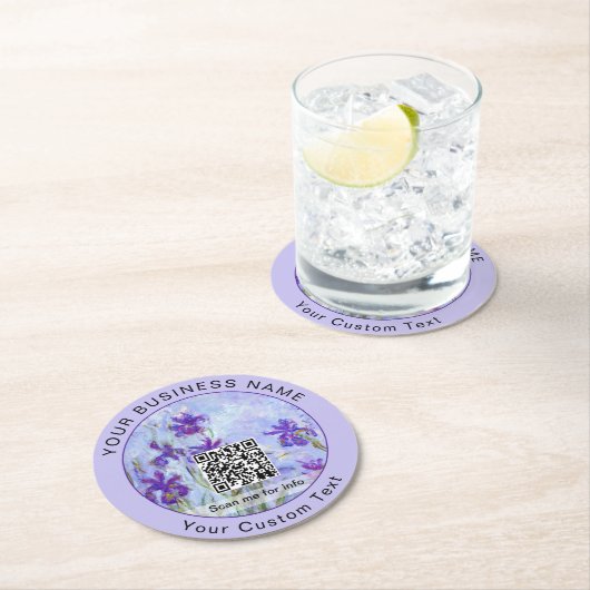 Monet - Lila Irises / Iris Mauves - QR-code Ronde Kartonnen Onderzetter (Insitu)