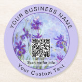 Monet - Lila Irises / Iris Mauves - QR-code Ronde Kartonnen Onderzetter (Voorkant)