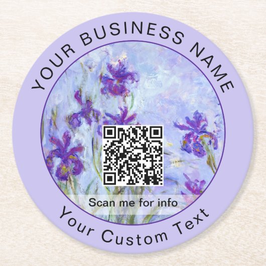 Monet - Lila Irises / Iris Mauves - QR-code Ronde Kartonnen Onderzetter (Voorkant)