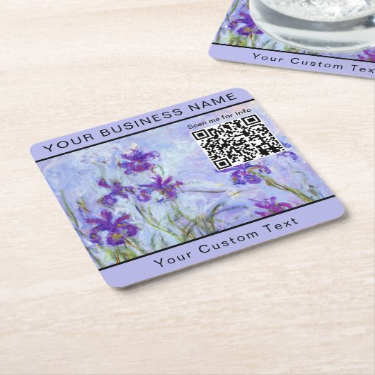 Monet - Lila Irises / Iris Mauves - QR-code Vierkante Kartonnen Onderzetter (Schuin)