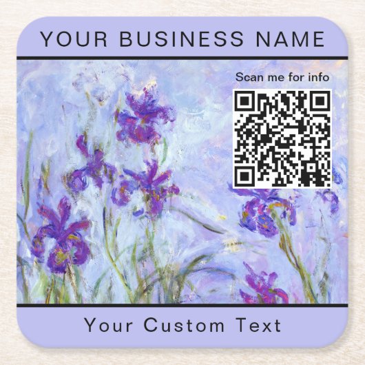 Monet - Lila Irises / Iris Mauves - QR-code Vierkante Kartonnen Onderzetter (Voorkant)
