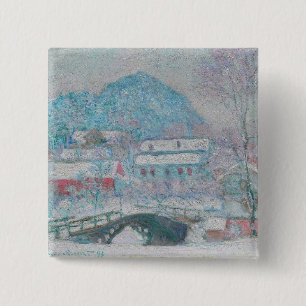 Monet - Noorwegen, het dorp Sandviken in de sneeuw Vierkante Button 5,1 Cm