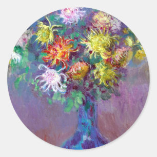 Monet Vase de Chrysanthemes Flowers Ronde Sticker
