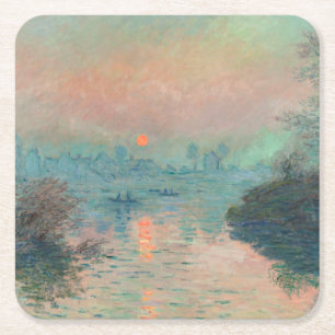 Monet Zonsondergang Seine Fijne Kunst Impressionis Vierkante Kartonnen Onderzetter