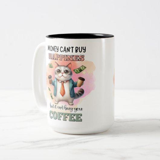 Money Can't Buy Happiness Funny Cat Lover Gift Tweekleurige Koffiemok (Voorkant links)