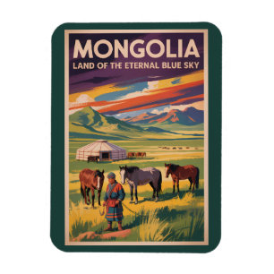 Mongolia Paarden Jurte Illustratie Reis Kunst Retr Magneet