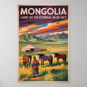 Mongolia Paarden Jurte Illustratie Reis Kunst Retr Poster