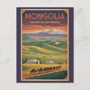 Mongolië Kamelen Yurt Illustratie Reis Kunst Retro Briefkaart