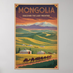 Mongolië Kamelen Yurt Illustratie Reis Kunst Retro Poster