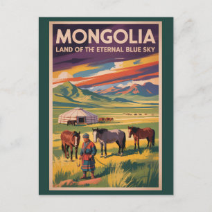 Mongolië Paarden Yurt Illustratie Reis Kunst Retro Briefkaart