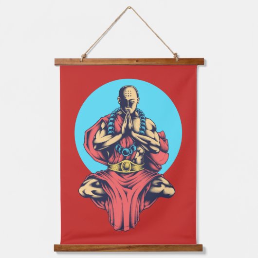 Monk bidden op rood hangend wandkleed (Voorkant)