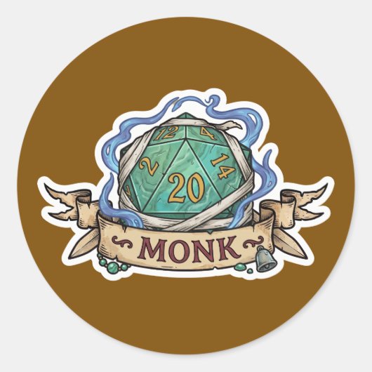 Monk D20 Class Crest Sticker - Funny D&D Monk Dice (Voorkant)