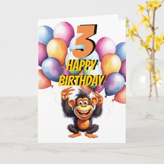 Monkey 3e Verjaardagsballonnen Kaart (Gele Bloem)