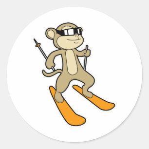 Monkey als Skier met Ski Ronde Sticker
