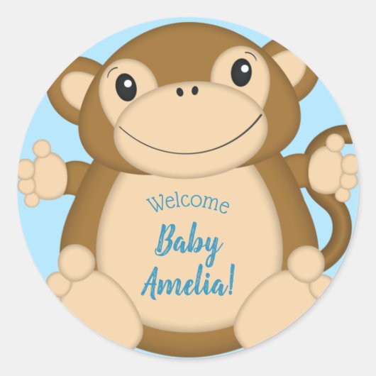 Monkey Baby shower Blue Ronde Sticker (Voorkant)