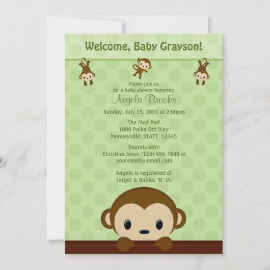 MONKEY Baby shower Calls Polka Dot GREEN MPP3 Kaart (Voorkant)