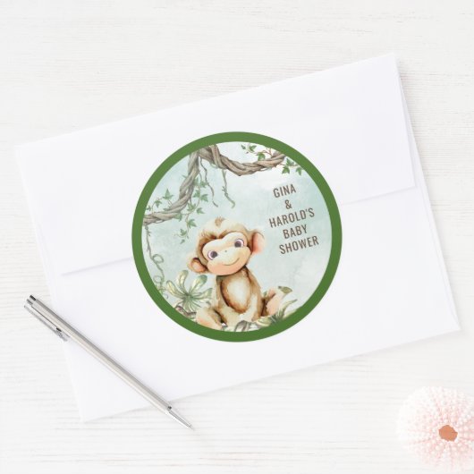 Monkey Baby shower Classic Ronde Sticker (Envelop)