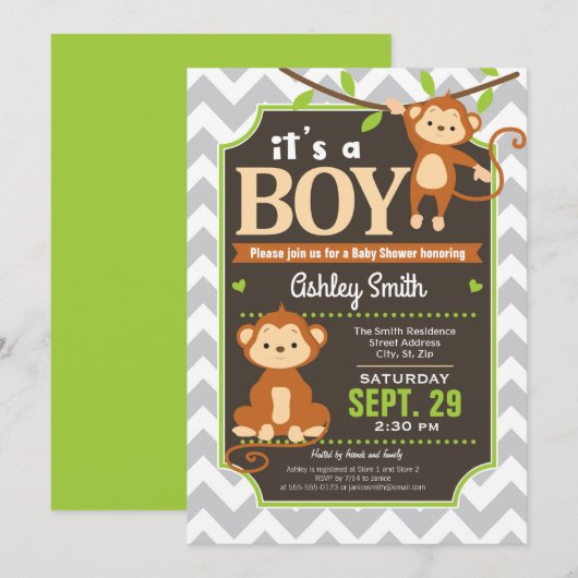 Monkey Baby shower Invitation Boy Kaart (Voorkant / Achterkant)