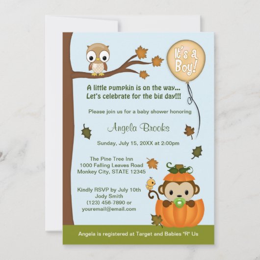 MONKEY Baby shower Invitation Herfst Pumpkin BOY Kaart (Voorkant)