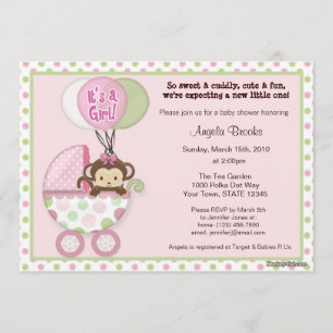 Monkey Baby shower Invitation roze green polka dot Kaart