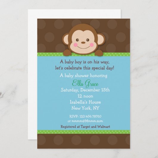 Monkey Baby Shower Invitations Garçon (Devant / Derrière)