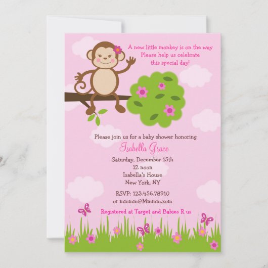 Monkey Baby Shower Invitations Girl (Devant)