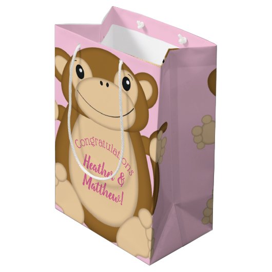 Monkey Baby shower Roze Medium Cadeauzakje (Achterkant Gekanteld)