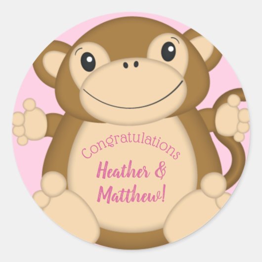 Monkey Baby shower Roze Ronde Sticker (Voorkant)
