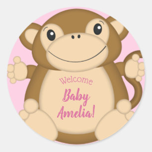 Monkey Baby shower Roze Ronde Sticker