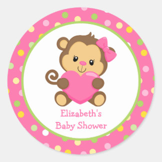 Monkey Baby shower Sticker, roze en groen Ronde Sticker